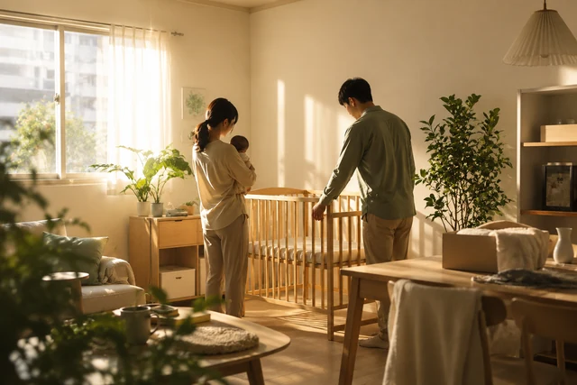 年輕夫妻在新居陪伴嬰兒、整理生活空間